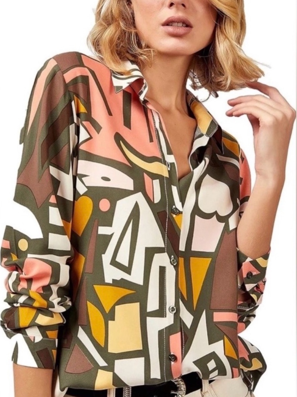 Big Dart- Geometric Print Long-Sleeve Blouse in Pink, Mustard & Black
